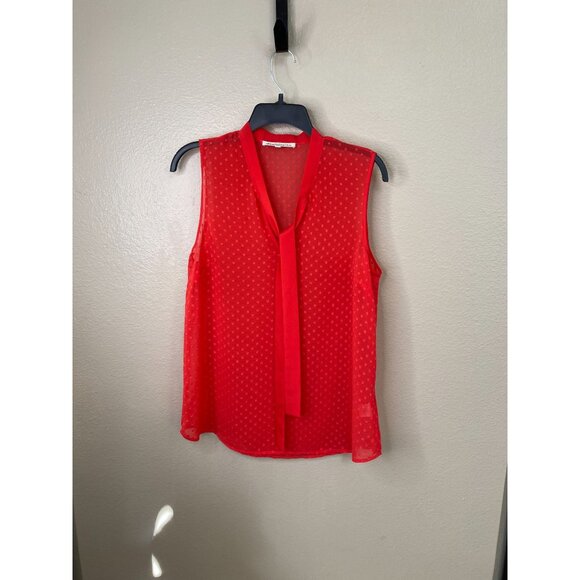 Daniel Rainn Womens Red Sleeveless Sheer Tie Neck Polka Dot Blouse Size M - Picture 1 of 7